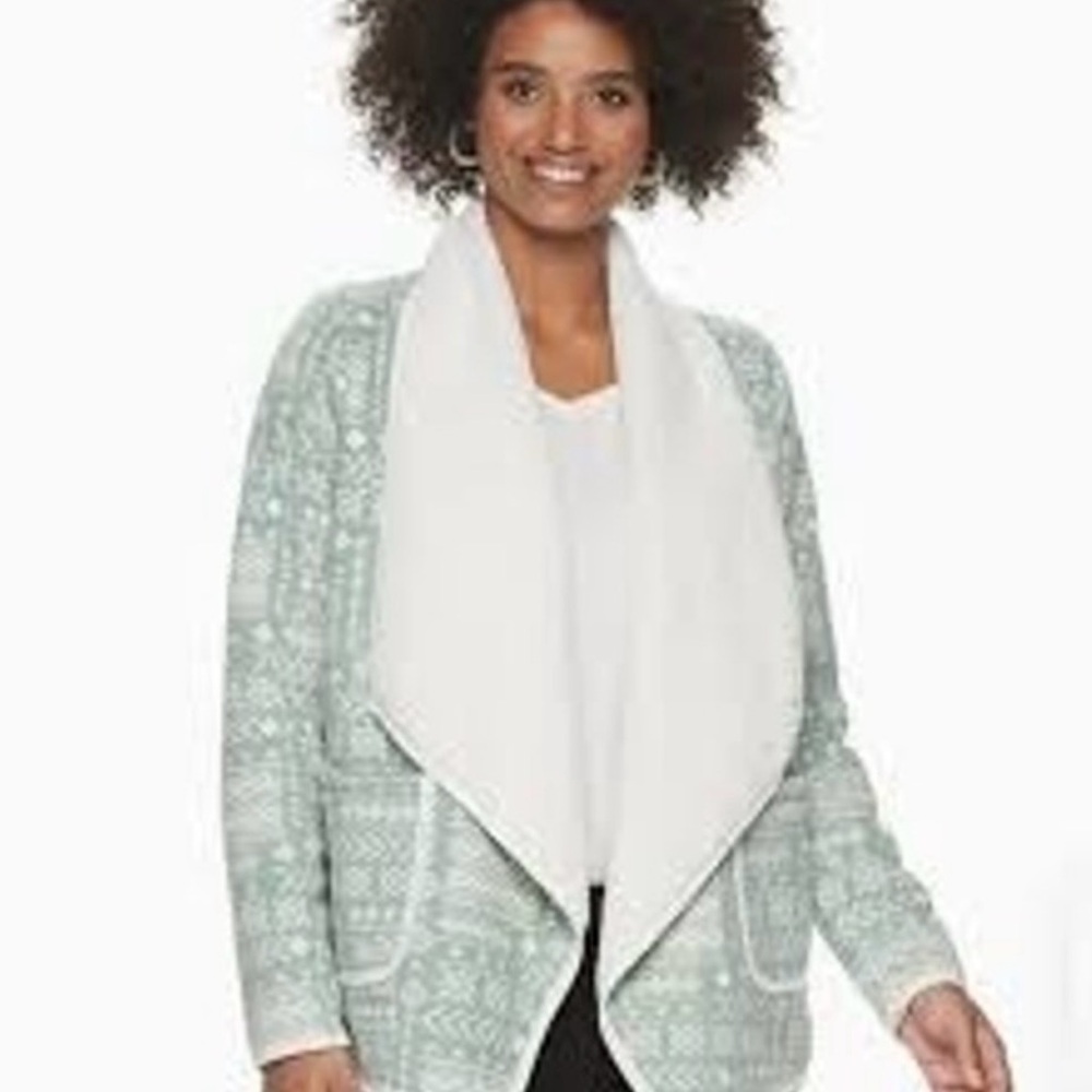 Sonoma Cozy Green Fair Isle Patterned Sherpa Lined Open Cardigan Sweater XL NWT